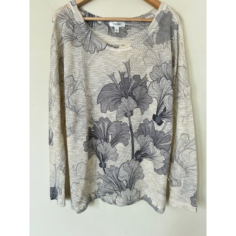 Dressbarn XL Floral Knit Top Long Sleeve Scoop Neck Grey Cream Minimalist